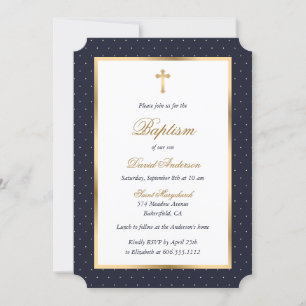 Blue Gold Cross Polka Dots Elegante Script Taufe Einladung