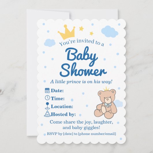 Blue & Gold Crown Baby Shower Invitation for Boy Einladung (Vorderseite)