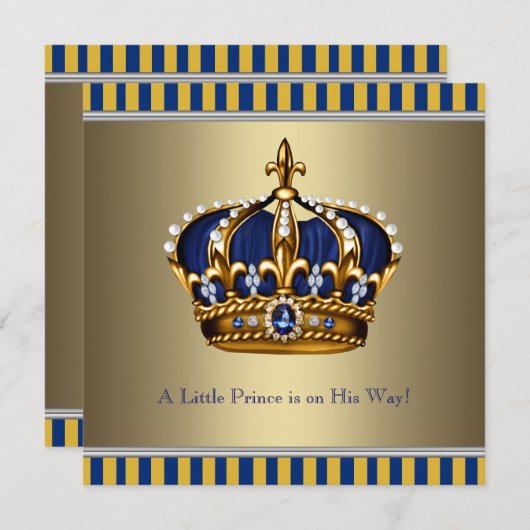 Blue Gold Crown Little Prince Baby Dusche Einladung (Vorne/Hinten)
