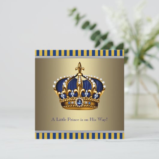 Blue Gold Crown Little Prince Baby Dusche Einladung (Stehend Vorderseite)