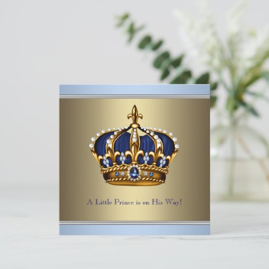 Blue Gold Crown Prince Baby Boy Dusche Einladung (Stehend Vorderseite)