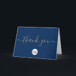 Blue gold Custom Customer Appreciation Dankeskarte<br><div class="desc">Personalize this simple and easy to use gold hue, thank you folded card template with your company's logo, message, name, and social media handles. Let your clients, customers, patrons know you are grateful for their support during these uncertain times. Featuring a printed modern customizable text "thank you" script with long-tailed...</div>