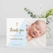 Blue Gold Custom Modern Baby Baptisc Vielen Dank Einladung (Stehend Vorderseite)