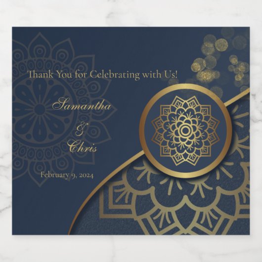 Blue & Gold | Custom Names, Dates Schaumweinetikett (Einzelnes Label)