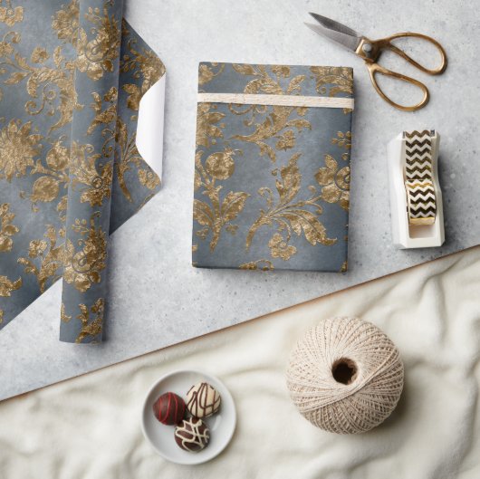 Blue & Gold Damask Imitate Velvet Holiday Geschenkpapier (Kunsthandwerk)