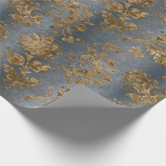 Blue & Gold Damask Imitate Velvet Holiday Geschenkpapier (Ecke)