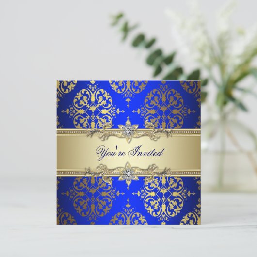 Blue Gold Damask Party Einladung (Stehend Vorderseite)