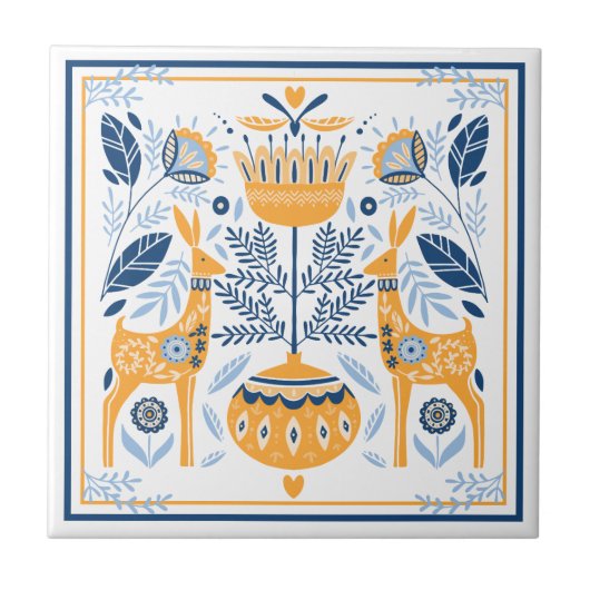 Blue Gold Deer Hygge Muster Fliese (Vorderseite)