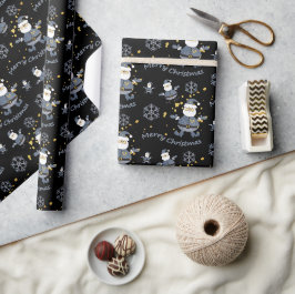 Blue Gold Denim Black Christmas Santa Pattern Geschenkpapier