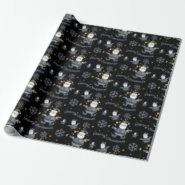 Blue Gold Denim Black Christmas Santa Pattern Geschenkpapier