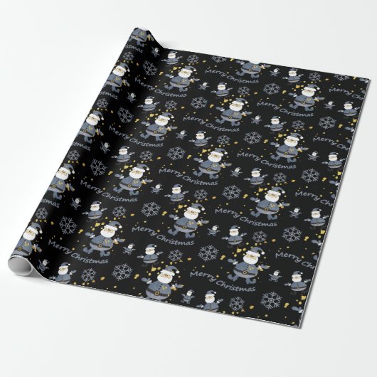 Blue Gold Denim Black Christmas Santa Pattern Geschenkpapier (Ungerollt)