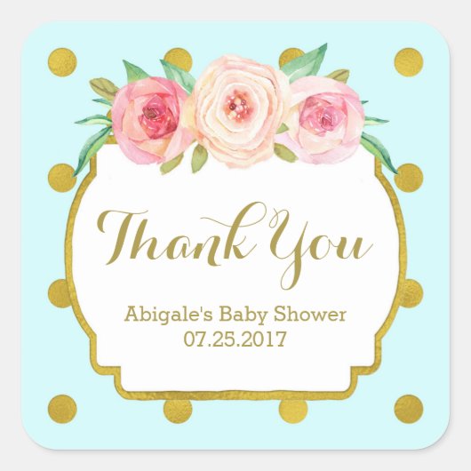 Blue Gold Dots Floral Baby Shower Fevor Tags Quadratischer Aufkleber (Vorderseite)