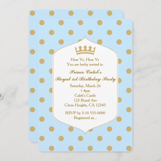 Blue & Gold Dots Royal Crown Prince Einladungen (Vorne/Hinten)