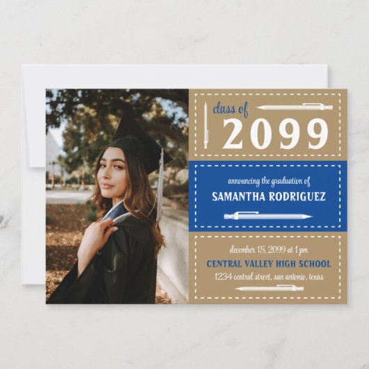 Blue & Gold Dotter Box and Pencils Abschluss Einladung (Vorderseite)