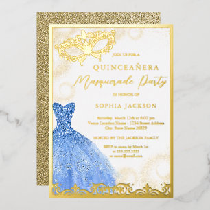 Blue Gold Dress Masquerade Party Quinceanera Folieneinladung