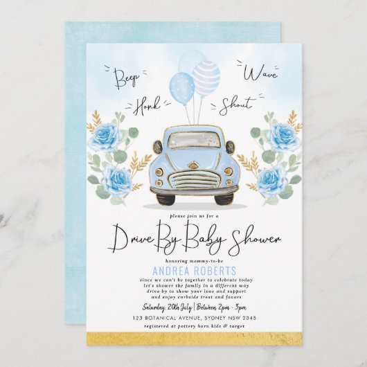 Blue Gold Drive by Baby Shower Green Retro Car Einladung (Vorne/Hinten)