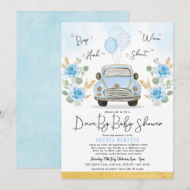 Blue Gold Drive by Baby Shower Green Retro Car Einladung