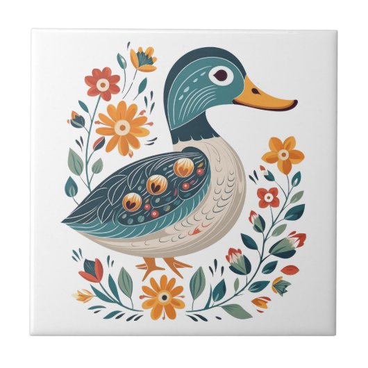 Blue Gold Duck Skandinavien Folk Art Fliese (Vorderseite)