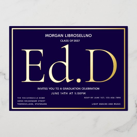 Blue Gold Ed.D Abschluss Folieneinladung (Vorderseite)