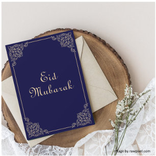 Blue Gold Eid Mubarak Flat Holiday Card Feiertagskarte