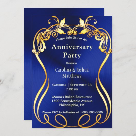 Blue Gold Elegance Jubiläum Einladung (Vorne/Hinten)