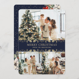 Blue Gold Elegant Botanical Photo Christmas Card Feiertagskarte
