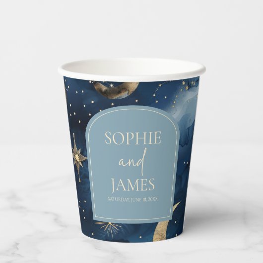 Blue Gold Elegant Celestial Starry Sky Wedding Pappbecher (Rückseite)