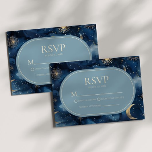 Blue Gold Elegant Celestial Starry Sky Wedding RSVP Karte