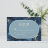 Blue Gold Elegant Celestial Starry Sky Wedding RSVP Karte (Stehend Vorderseite)