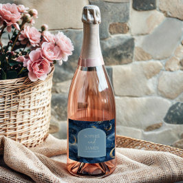 Blue Gold Elegant Celestial Starry Sky Wedding Schaumweinetikett