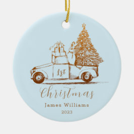 Blue Gold Elegant Foto Baby's First Christmas Keramik Ornament