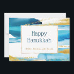 Blue Gold Elegant Watecolor Hanukkah Feiertagskarte<br><div class="desc">Moderne Elegant Blue Gold Watercolor zum Feiern der Hanukkah-Feiertage. Ideal für Feiern mit Familie und Freunden.</div>