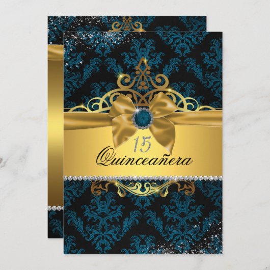 Blue Gold Elegante Damask Quinceanera Einladung (Vorne/Hinten)