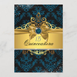 Blue Gold Elegante Damask Quinceanera Einladung
