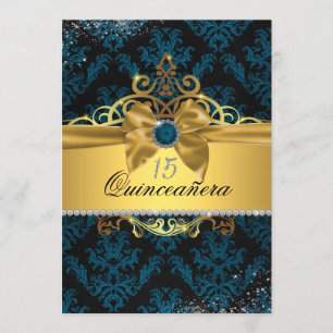 Blue Gold Elegante Damask Quinceanera Einladung