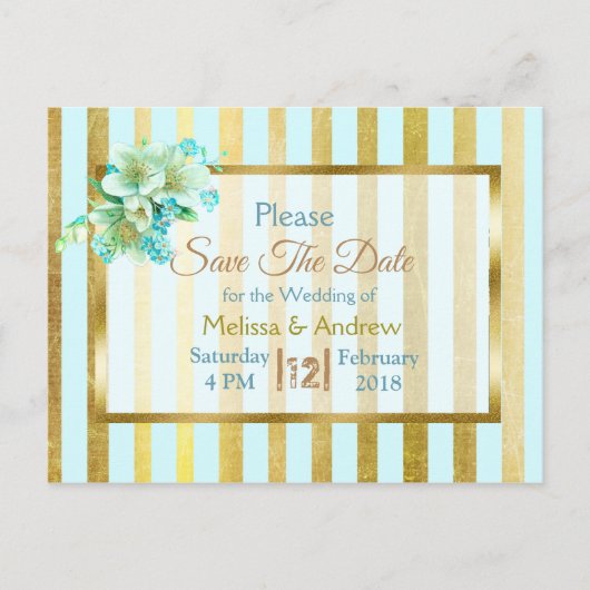 Blue & Gold Elegante Flora-Save the Date Postkarte (Vorderseite)