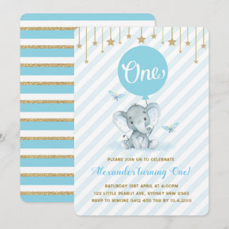 Blue Gold Elephant 1. Geburtstag Twinkle Star Einladung