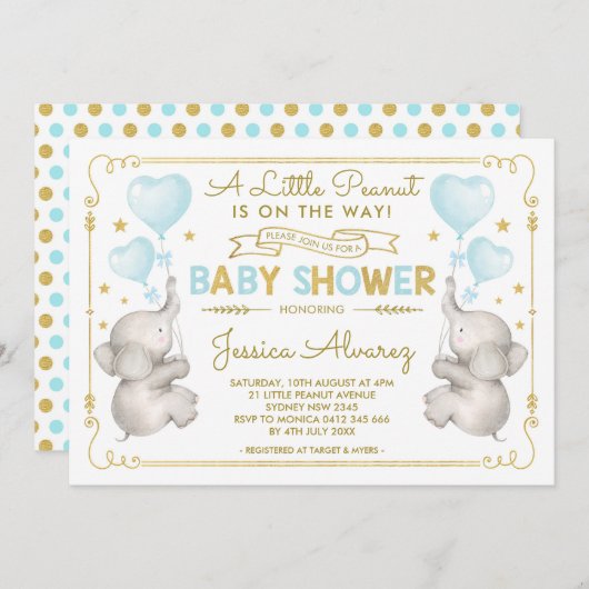 Blue Gold Elephant Baby Shower Boy Jungle Einladun Einladung (Vorne/Hinten)