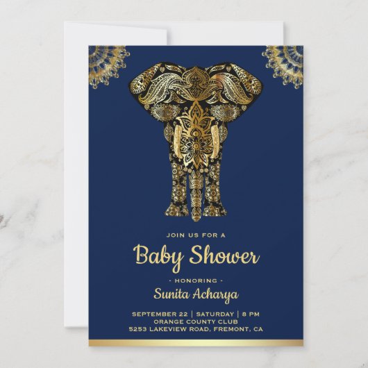 Blue Gold Elephant Indian Baby Dusche Einladung (Vorderseite)