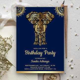 Blue Gold Elephant Indian Birthday Party Einladung