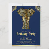 Blue Gold Elephant Indian Birthday Party Einladung (Vorderseite)