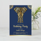Blue Gold Elephant Indian Birthday Party Einladung (Stehend Vorderseite)