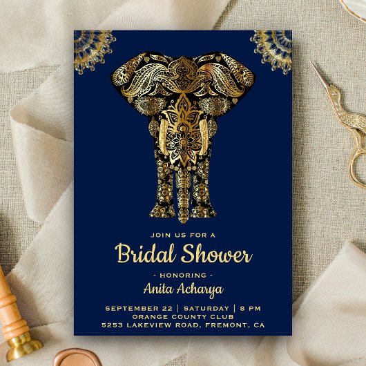 Blue Gold Elephant Indian Bridal Dusche Einladung