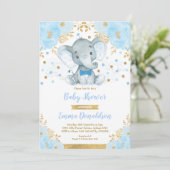 Blue Gold Elephant Little Man Baby Dusche Einladung (Stehend Vorderseite)