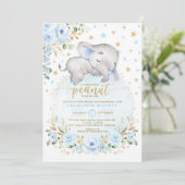 Blue Gold Elephant Moon Stars Boy Baby Dusche Einladung (Stehend Vorderseite)