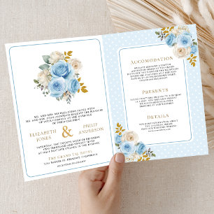Blue Gold Elfenbein Florale Rosen Alles in Einem H Einladung