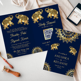 Blue Gold Ethnic Elephants Indian QR Code Hochzeit Einladung