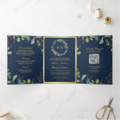 Blue Gold Eucalyptus Wreath QR Code Wedding Dreifach Gefaltete Einladung (Innenseite)