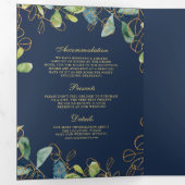 Blue Gold Eucalyptus Wreath QR Code Wedding Dreifach Gefaltete Einladung (Innen Erste Seite)