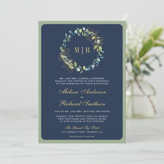 Blue Gold Eucalyptus Wreath QR Code Wedding Einladung (Stehend Vorderseite)